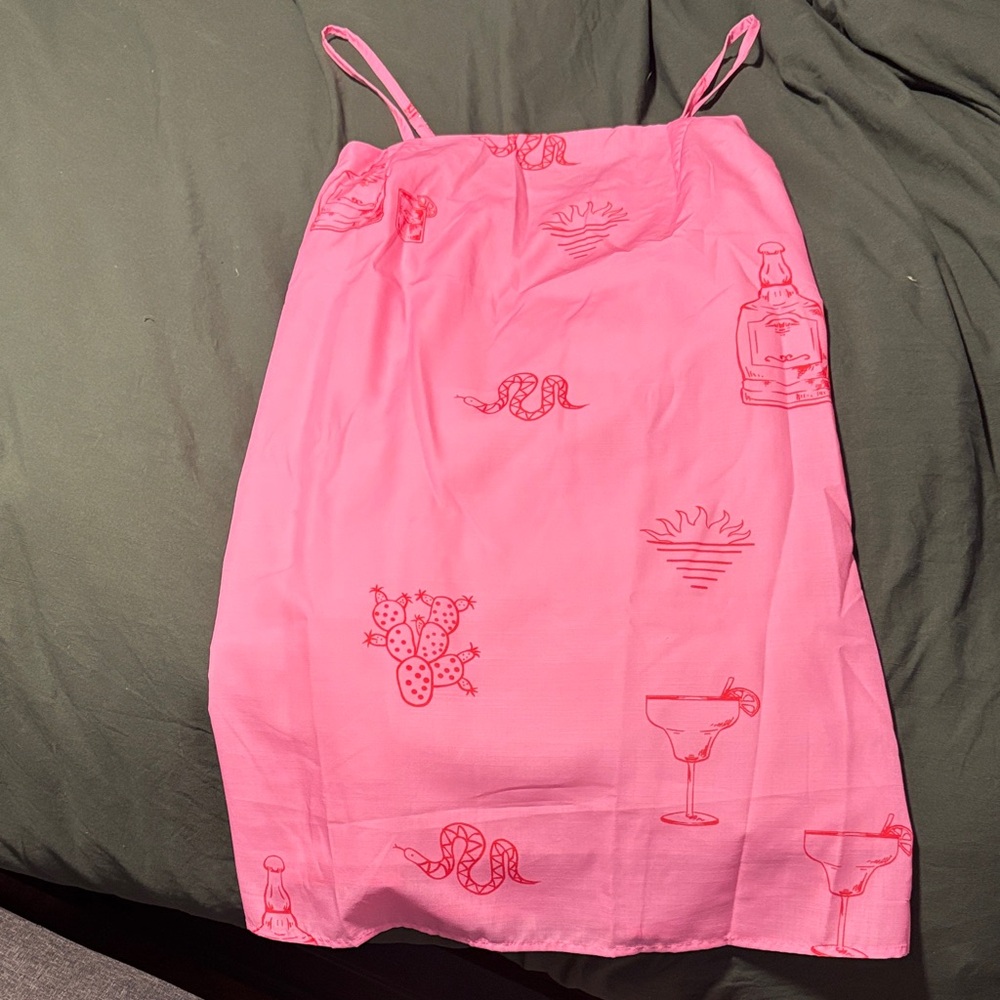 Pink Slip Dress with Red Graphic Print